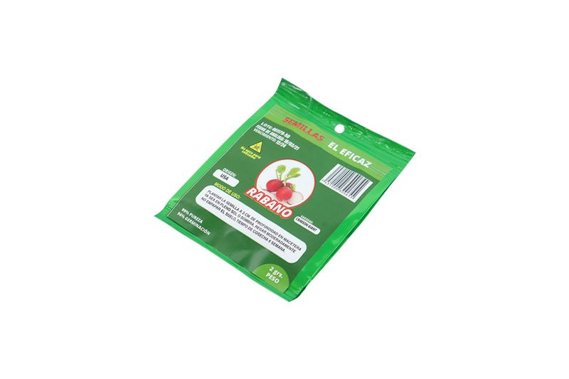 Semillas de rábano El Eficaz de 2 gr, sobre verde cerrado con ilustración del vegetal y modo de uso