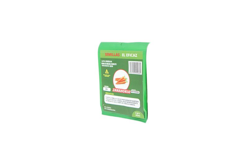 Semillas de zanahoria El Eficaz de 2 gr, parte posterior del empaque verde con instrucciones de uso y código de barras