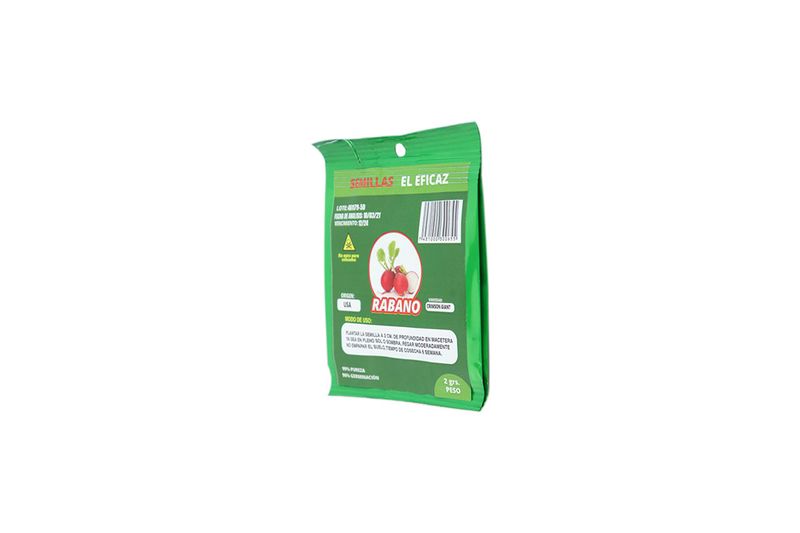 Semillas de rábano El Eficaz de 2 gr, empaque verde con ilustración de rábanos y texto informativo