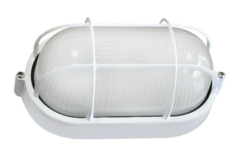 Luminaria exterior LED tortuga 7 W, IP65 Sylvania, vista frontal blanca con rejilla protectora y difusor prismático