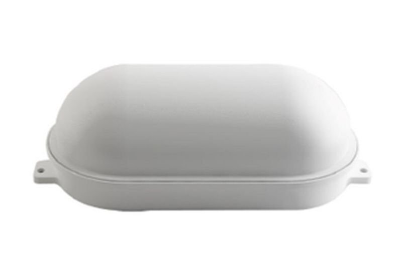 Luminaria exterior LED tortuga 7 W, IP65 Sylvania, vista frontal del plafón blanco con diseño ovalado y hermético