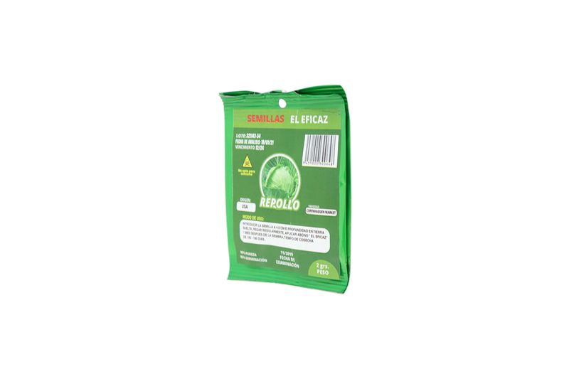 Semillas de repollo El Eficaz de 2 gr, vista posterior del empaque verde con instrucciones de uso y código de barras
