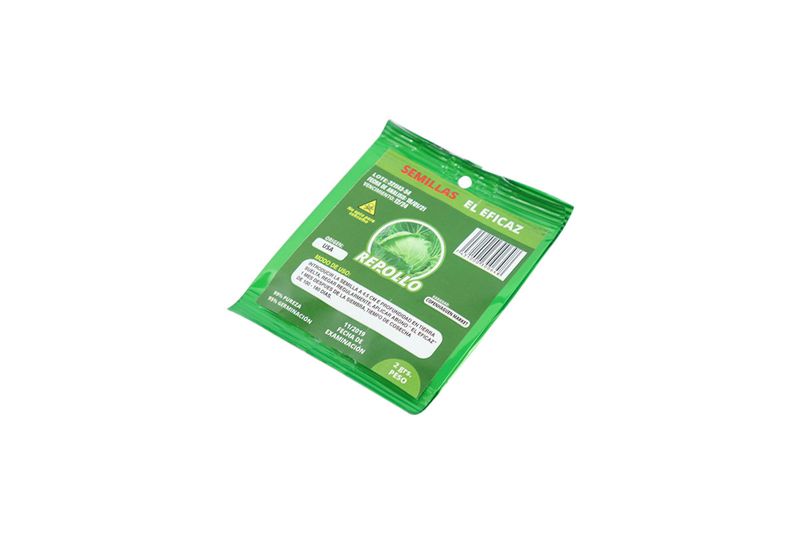 Semillas de repollo El Eficaz de 2 gr, sobre verde con imagen del vegetal y texto de instrucciones