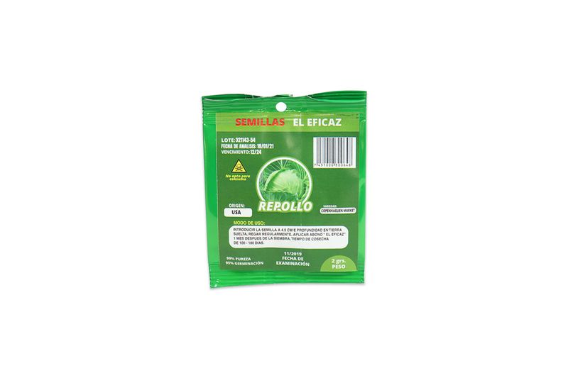 Semillas de repollo El Eficaz de 2 gr, parte posterior del sobre verde con instrucciones de uso y fecha de vencimiento
