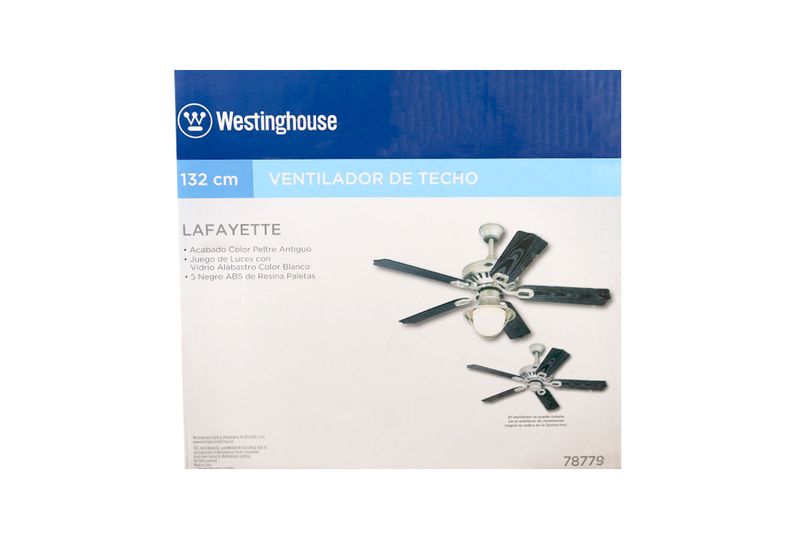 Abanico de techo industrial Lafayette Peltre 52 negro con luz Westinghouse, caja con imágenes del producto y especificaciones