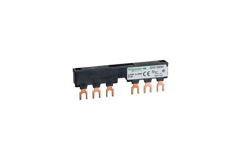 Repartidor de potencia 2 derivaciones 63 A paso 54 mm Schneider Electric, vista lateral con terminales de cobre expuestos