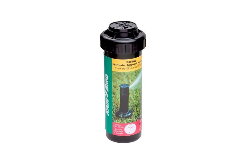 Aspersor para jardín ajustable 1/2 pulgadas Rain Bird, producto en su empaque cilíndrico negro con ilustración