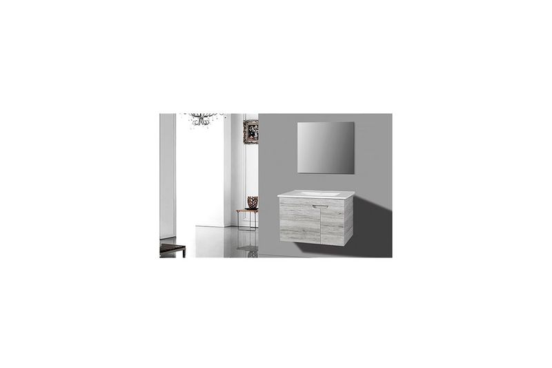 Mueble para baño 70 x 46 con espejo 70 x 60 H14-700 Sinsa, ambientado en baño con paredes grises y piso blanco