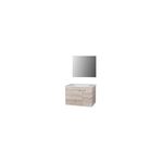 Mueble para baño 70x46 con espejo 70x60 Sinsa, vista frontal del conjunto en color madera clara y lavamanos blanco