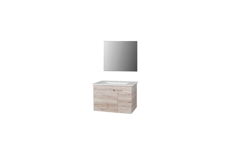 Mueble para baño 70x46 con espejo 70x60 Sinsa, vista frontal del conjunto en color madera clara y lavamanos blanco