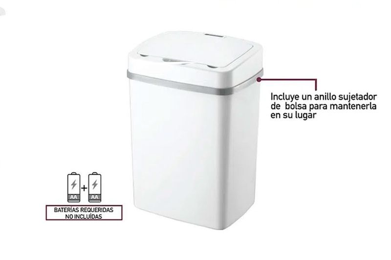 Basurero con sensor 12 lts rectangular con tapa blanco Trash Crash, vista frontal con iconos de baterías requeridas