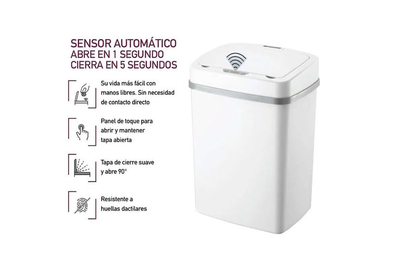 Basurero con sensor 12 lts rectangular con tapa blanco Trash Crash, con infografía de funciones y tiempos de apertura