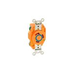 Toma hembra sencillo 30 A 250 V L5-30R Leviton, vista frontal del dispositivo en color naranja con centro azul