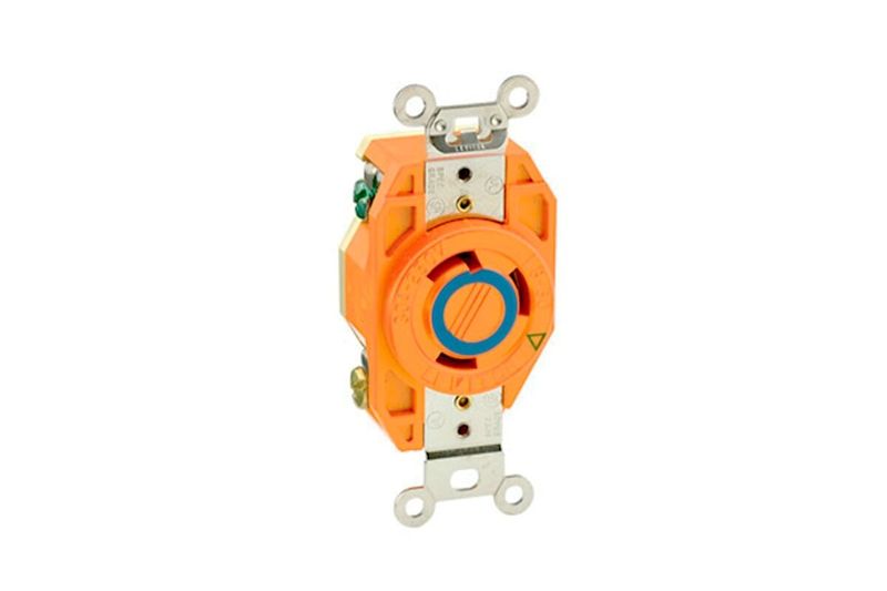 Toma hembra sencillo 30 A 250 V L5-30R Leviton, vista frontal del dispositivo en color naranja con centro azul