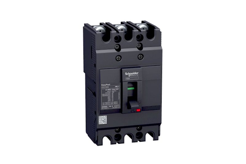 Main breaker EZC 3x30A Schneider Electric, vista frontal del interruptor negro con palanca de accionamiento y bornes