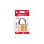 Candado bronce 50 mm cuello estándar Kwikset, empaque blister con fondo rojo y blanco