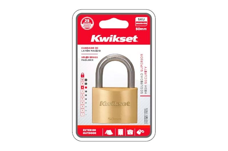 Candado bronce 50 mm cuello estándar Kwikset, empaque blister con fondo rojo y blanco