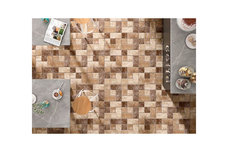 Baldosa 33 x 33 Cuzco beige piedra geométrico ext PEI4 Porcelanite, vista cenital instalada en piso con muebles y sillas