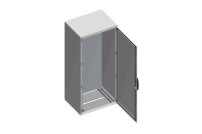 Gabinete metálico Himel IP 66 Schneider Electric de 1200x800x300 mm con fondo falso, vista abierta en perspectiva