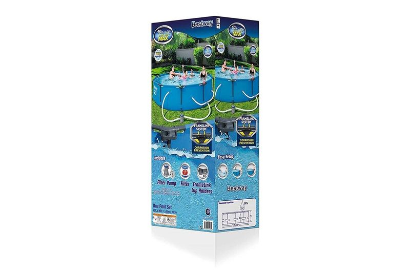 Set de piscina redonda Steel Pro Max 3.05 m diámetro x 76 cm alto Bestway, caja con ilustración del set y accesorios