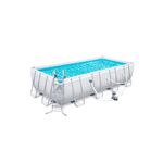 Set de piscina rectangular Steel Power 5.49 m x 2.74 m x 1.22 m Bestway, vista lateral con escalera y bomba de filtrado