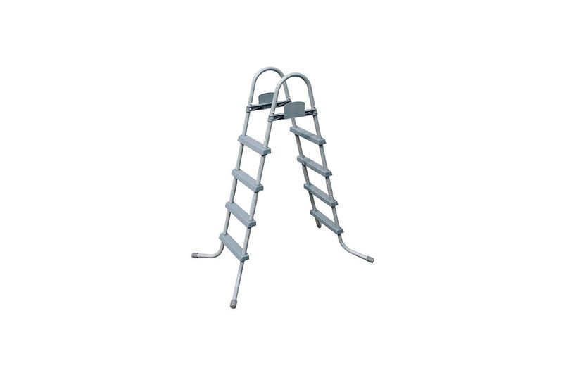 Set de piscina rectangular Steel Power 5.49 m x 2.74 m x 1.22 m Bestway, escalera de acceso gris vista desde un ángulo