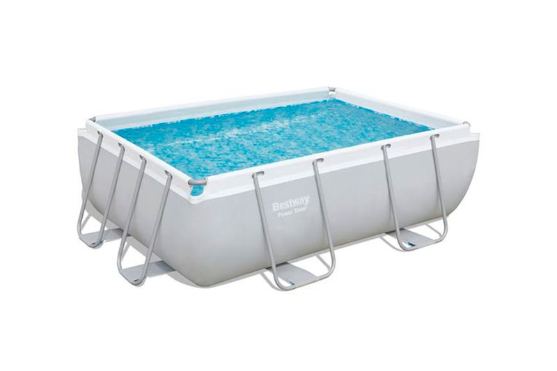 Set de piscina rectangular Steel Power 2.82 m x 1.96 m x 84 cm Bestway, vista frontal con agua azul y estructura gris