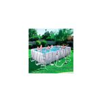 Set de piscina rectangular Steel Power 5.49 m x 2.74 m x 1.22 m Bestway, instalada en jardín con personas y escalera