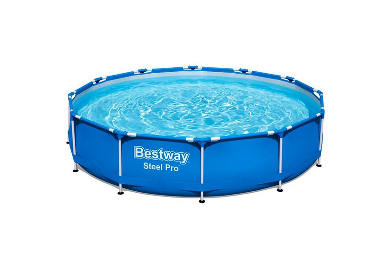 Piscina redonda con marco 3.66 m diámetro x 76 cm alto Bestway, vista frontal llena de agua con estructura azul y blanca