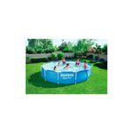 Piscina redonda con marco 3.66 m diámetro x 76 cm alto Bestway, instalada en jardín con familia nadando en su interior