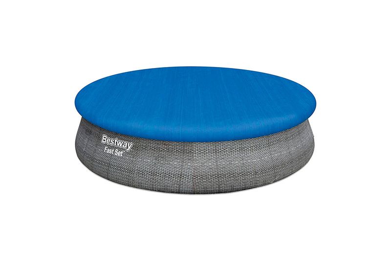 Set piscina redonda Fast Set gris 4.57 m diámetro x 1.07 m alto Bestway, vista superior con interior azul brillante