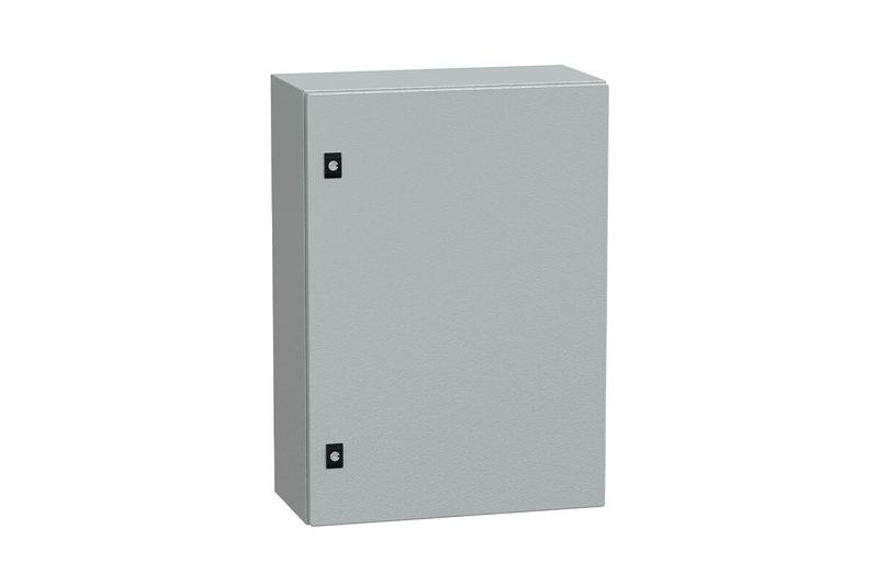 Gabinete metálico Himel IP 66 Schneider Electric de 700x500x250 mm con fondo falso, vista frontal en color gris