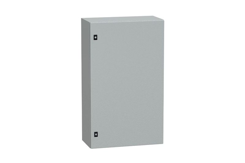 Gabinete metálico Himel IP 66 Schneider Electric de 1000x600x300 mm con fondo falso, vista frontal cerrada en color gris