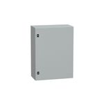 Gabinete metálico Himel IP 66 Schneider Electric de 800 x 600 x 300 mm con fondo falso, vista frontal en color gris