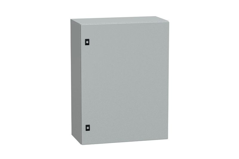 Gabinete metálico Himel IP 66 Schneider Electric de 800 x 600 x 300 mm con fondo falso, vista frontal en color gris