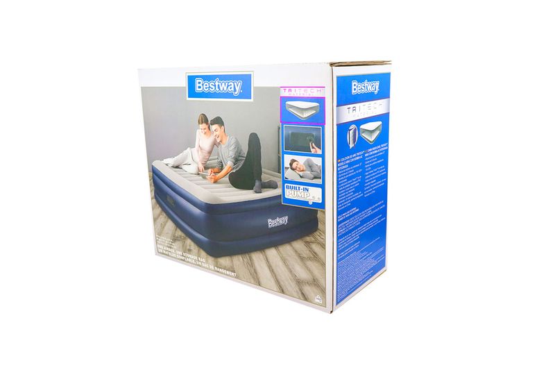 Colchón inflable Tritech 22 King con bomba integrada Bestway, caja de cartón con imágenes ilustrativas del producto