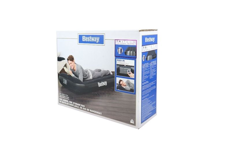 Colchón inflable Tritech 12 Twin con bomba integrada Bestway, en su caja con imágenes del producto y especificaciones