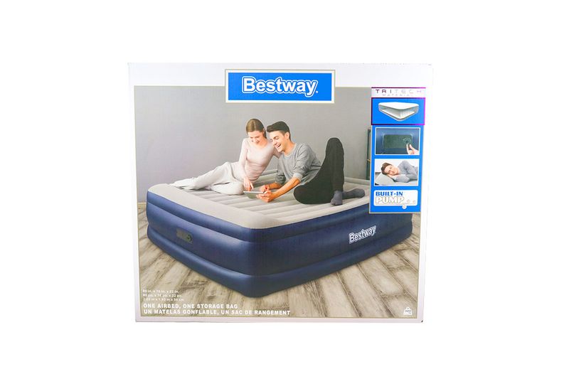 Colchón inflable Tritech 22 King con bomba integrada Bestway, caja con imagen de pareja usando el producto y detalles