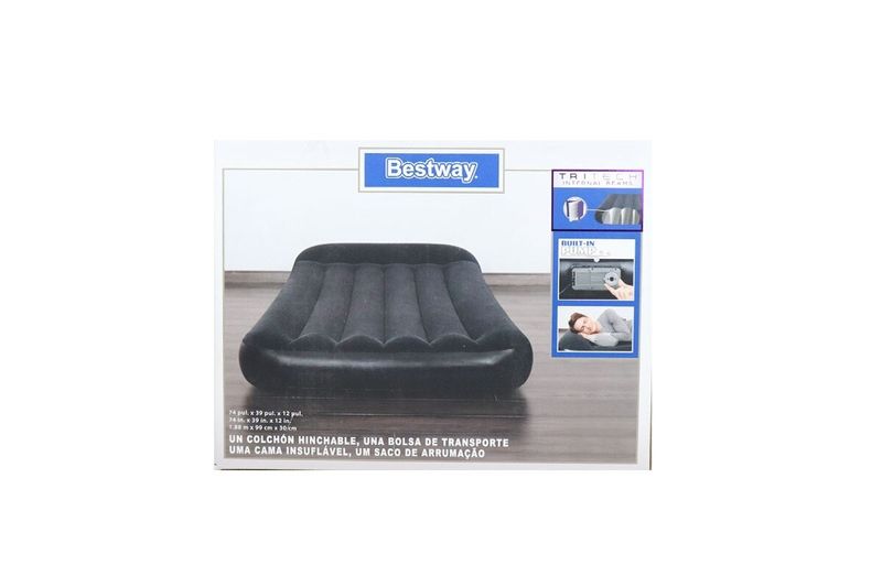 Colchón inflable Tritech 12 Twin con bomba integrada Bestway, caja con imagen del colchón negro y detalles de funciones
