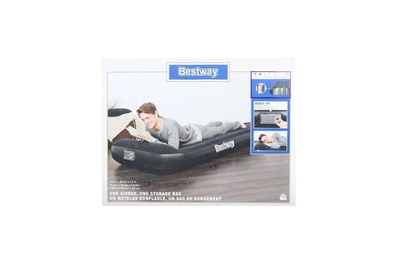 Colchón inflable Tritech 12 Twin con bomba integrada Bestway, empaque frontal con fotos del producto en uso