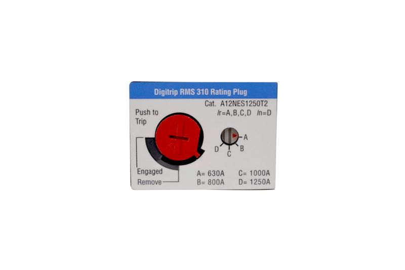 Unidad de disparo para breaker ND Eaton, primer plano del rating plug con dial rojo y tabla de amperajes