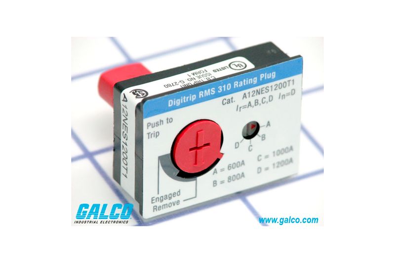 Unidad de disparo para breaker ND Eaton, vista frontal detallada del rating plug con botón rojo y escala de amperaje