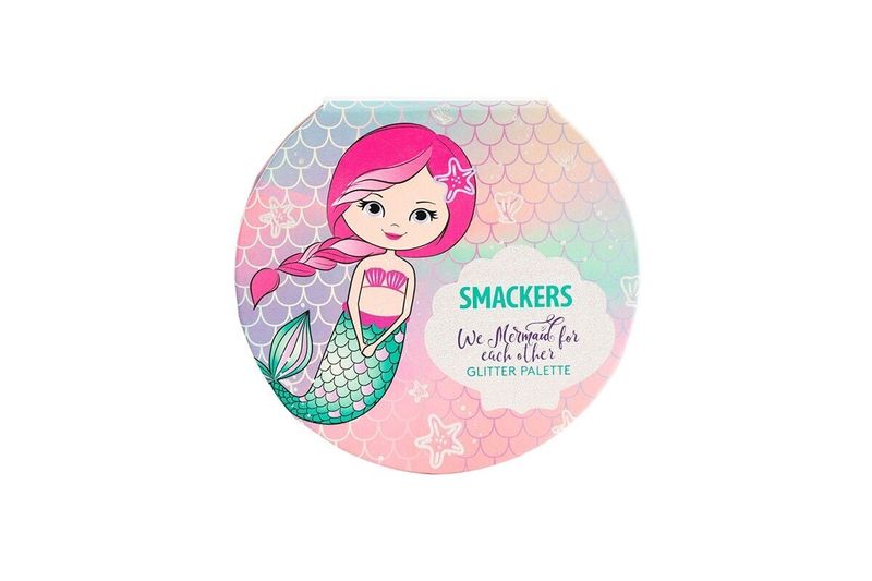 Paleta de maquillaje Smackers sirena Lip Smacker, empaque circular con ilustración de sirena y texto Glitter Palette