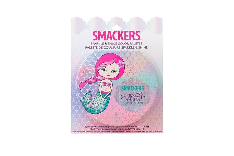 Paleta de maquillaje Smackers sirena Lip Smacker, empaque frontal con ilustración de sirena y colores holográficos