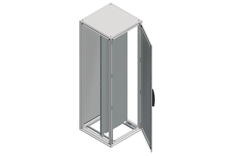 Gabinete metálico Himel IP 66 Schneider de 2200x600x600 mm con fondo falso, vista en perspectiva con puerta abierta