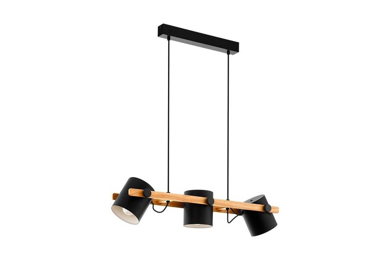 Lámpara de techo colgante Hornwood 3L E27 acero/madera Eglo, vista frontal con tres focos negros y soporte de madera