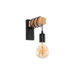 Lámpara de pared Townshend 1L E17 madera/acero Eglo, primer plano del soporte con detalle de anillos negros y foco encendido