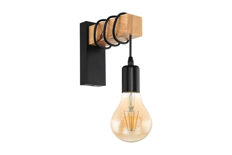 Lámpara de pared Townshend 1L E17 madera/acero Eglo, primer plano del soporte con detalle de anillos negros y foco encendido