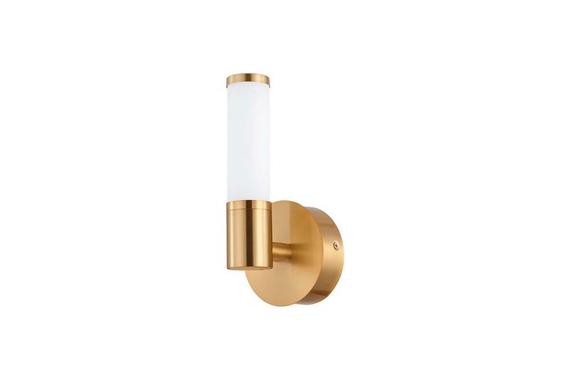 Lámpara de pared Palmera 1 acero cepillado oro 5.7 W Eglo, vista lateral del aplique con difusor cilíndrico blanco
