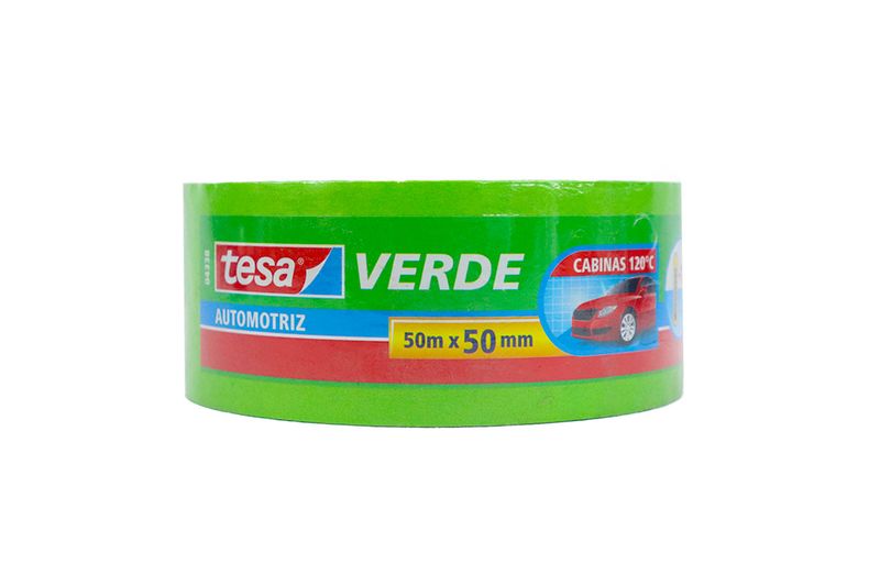 Cinta de enmascarar verde automotriz 50 m x 50 mm Tesa, rollo frontal con etiqueta roja y dibujo de carro rojo